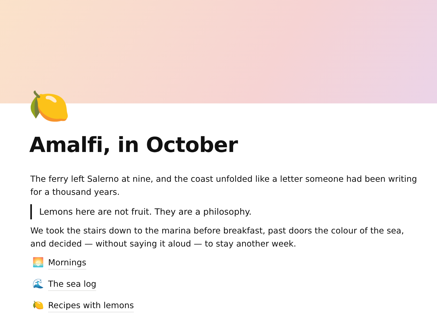 A Memora27 page titled Amalfi, in October, with a warm cover and elegant prose