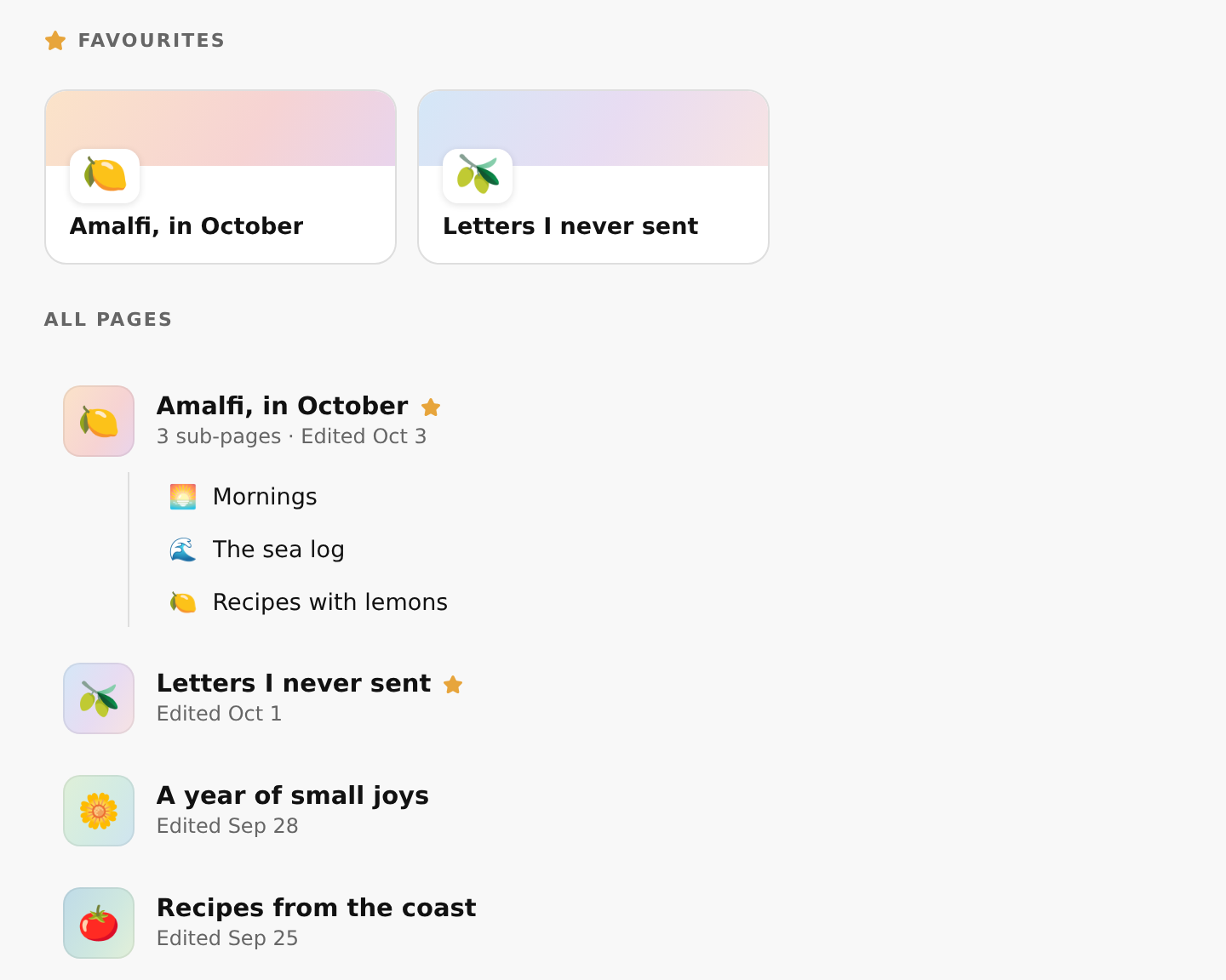 The Memora27 library: favourite journals and nested pages