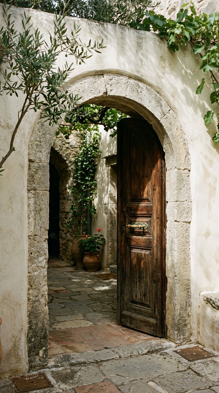 A quiet stone archway with an old wooden door, slightly ajar