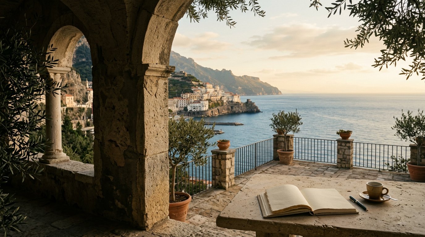 An empty Mediterranean terrace with an open journal overlooking the coast at dawn