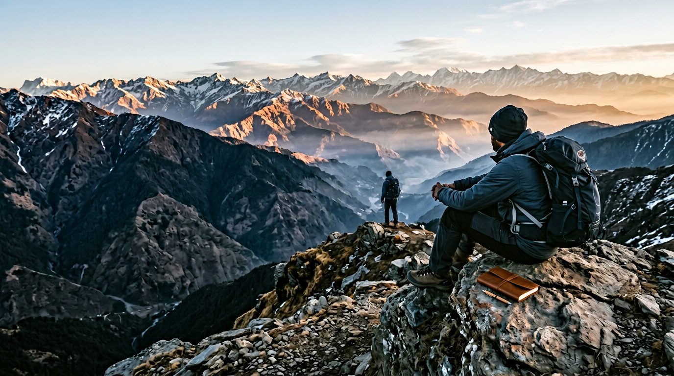 A hiker rests on a Himalayan ridge in the first light of day.