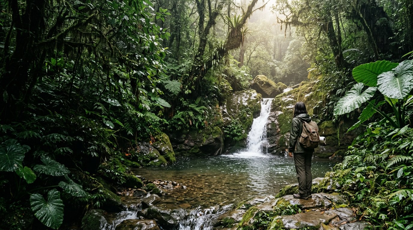 A traveler pauses beside a waterfall in a rain-soaked Meghalaya forest.