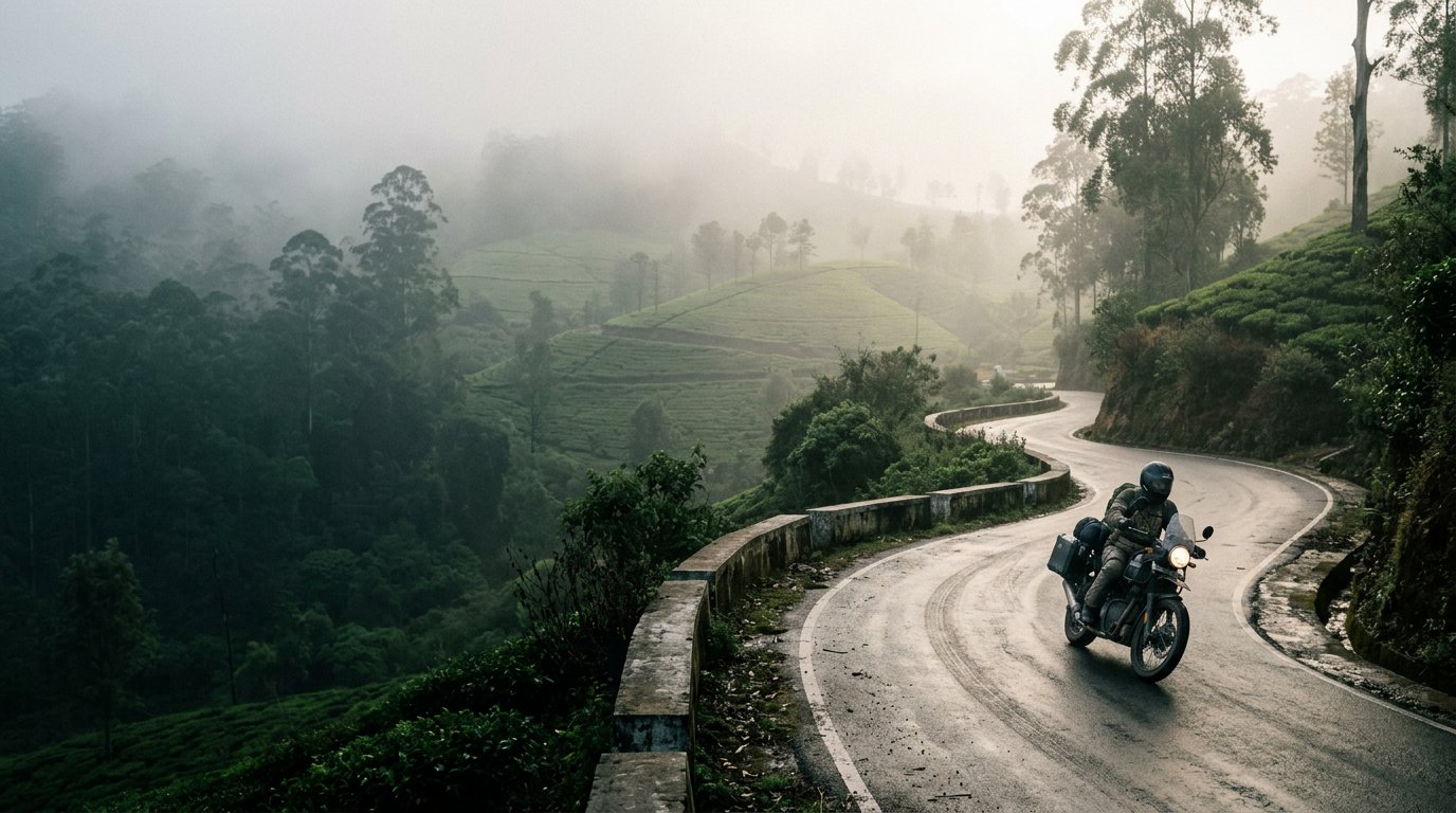 A touring motorcycle rounds a misty bend through the Nilgiri tea hills.