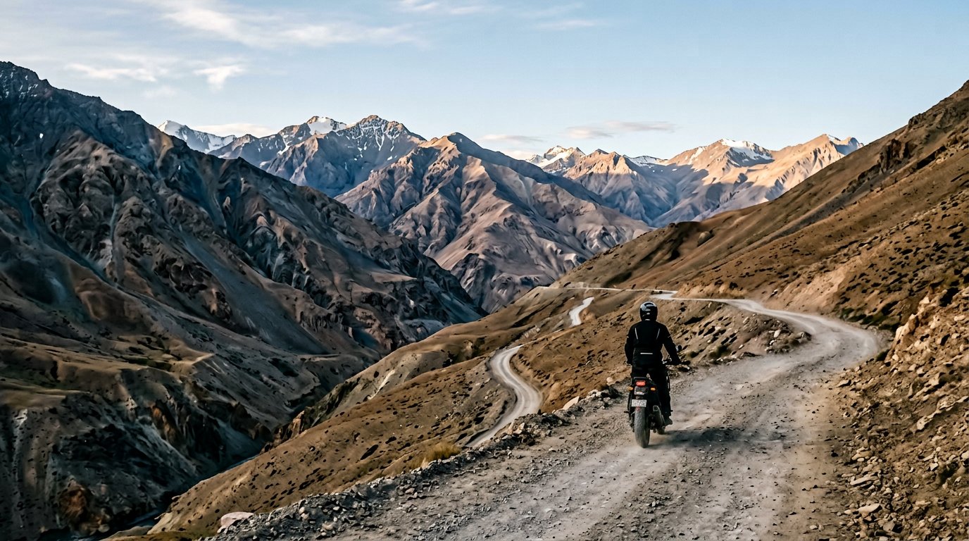 A rider follows a winding road through the mountains of Spiti Valley.