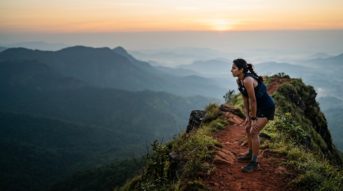 A trail runner catches her breath on a sunrise ridge in the Western Ghats.